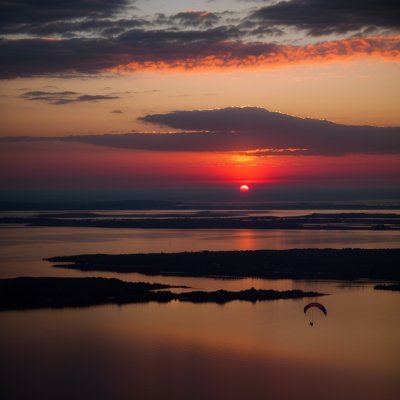 sunset, sea, sky, clouds, paragliding, shadow, red, reflection, twilight, calm, evening, nature, water, scene, light, band, glow, pastel
