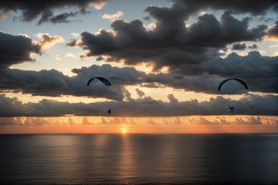 paragliding, sunset, sea, clouds, twilight, atmosphere, horizon, reflection, flowing water, dawn, gentle breeze, adventure, travel, relaxation, sport, flight, sunny, natural beauty, red, beautiful view
