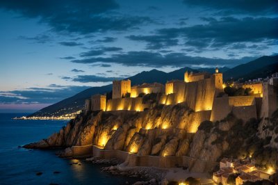 corsica, mountain, sea, evening light, city, fortification, mediterranean, travel, sunset, summer, old town, landscape, coast, rocky coast, scenic view, calvi, citadel, attraction, balagne