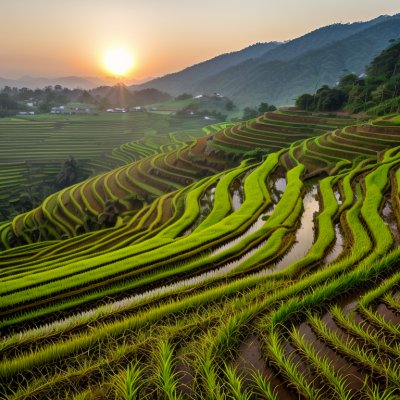 rice fields, terraces, agriculture, nature, sunrise, hills, landscape, ecology, green, seasonal, outdoor, mountains, region, traditional, water, countryside, sun, fresh, farming, culture