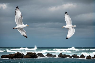 seagull, nature, bird, beach, sea, sky, water, flying, beak, landscape, coast, ornithology, seabird, feathers, baltic sea, two birds, land, calm, outdoor, wilderness, wood