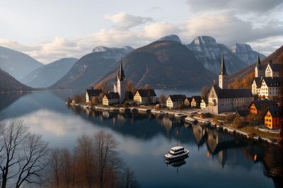 hallstatt, lake, mountain scenery, church tower, calm water, nature, alpine mountains, daylight, reflection, mountain view, peaceful scenery, lake and mountains, front view, cultural town, postcard, calm day, village atmosphere, architectural landmarks, blue sky, tourist destination