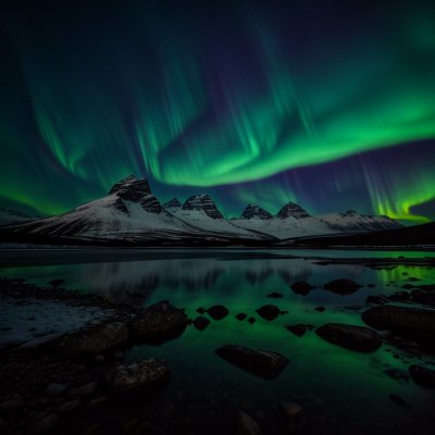 aurora borealis, night sky, stars, mountain, reflection, rocks, water, lake, winter, nordic countries, snowy landscape, nature, norwegian landscape, beauty, tourism, tranquility, midnight sun, lights, night, scandinavia, magic