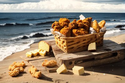 coast, beach, food, picnic, fried chicken, butter, wooden table, towel, sea, paper cone, dips, seagulls, patio, nature, relaxation, sunset, summer, vacation, seafood, comfort, lunch box, horizon