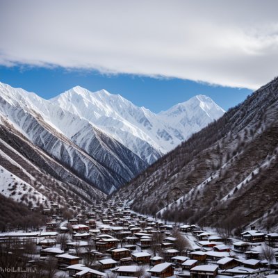 mountains, snow, blue sky, village, karakoram, gilgit-baltistan, nature, houses, sky, trees, forest, spring, landscape, travel, hiking, clouds, scenery, tourist destination, pakistan, rural