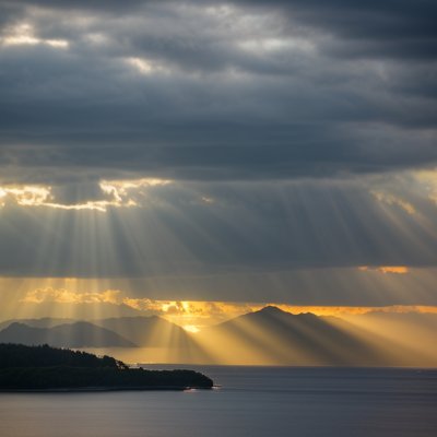 sun rays, cloudy sky, sea, mountains, clouds, sunset, island, evening, horizon, nature scene, beauty, silence, natural light, summer, clear water, golden light, calm, serenity, solitude, calm sea