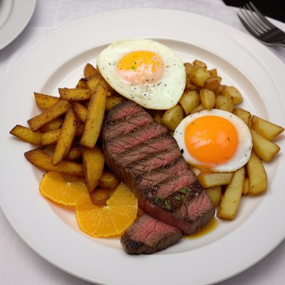 steak, eggs, home fries, american breakfast, orange slices, breakfast, brunch, grilled steak, beef, restaurant, diner, comfort food, homemade, cooked breakfast, protein, delicious, food photography, breakfast plate, fresh food
