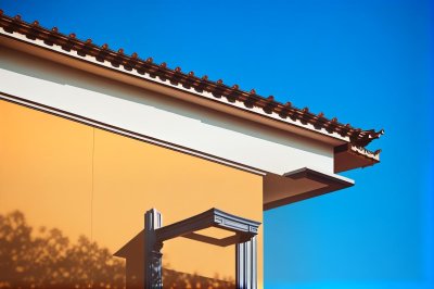 facade, architecture, lamp, outdoor lighting, blue sky, yellow, ornamentation, corner, light, aesthetic, edge, corner decoration, vertical lines, height details, yellow-orange facade, ornamental corner, outdoor architecture, classic style, aesthetic facade