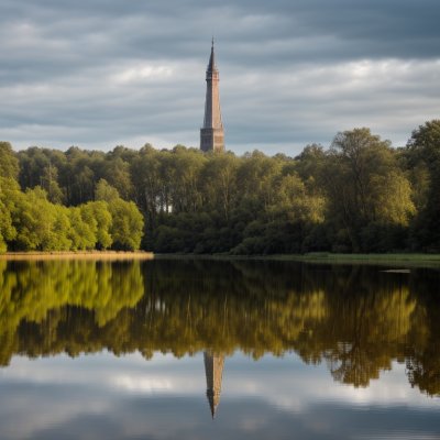 water reflection, nature, trees, blue sky, panorama, tower, forest, morning, tranquility, natural scenery, calm water, tree reflection, summer landscape, recreation, mirroring, purity, serene environment, building, architecture, summer day