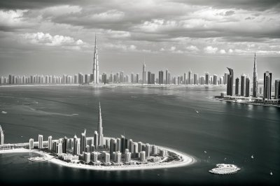 panorama, dubai, skyscraper, coastline, clouds, sea, city, building, luxury, bay area, luxury hotel, view, tourism, travel, aerial view, sunshine, middle east, blue sea, nature, sunny beach, highway
