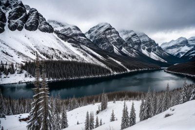 winter, mountains, lake, snow, forested, hiking, outdoors, canadian nature, blue water, winter landscape, scenic views, wide open space, nature, tourist attraction, natural beauty, inspiration, lake view, relaxation, peaceful