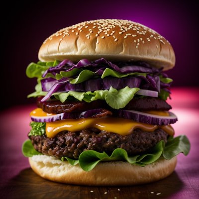 hamburger, cheese, bacon, sesame bun, lettuce, red cabbage, onion, triple stacked, sauce, food, gourmet, meat, greasy, snack, flavor balance, juicy, american cuisine, spicy, delicious