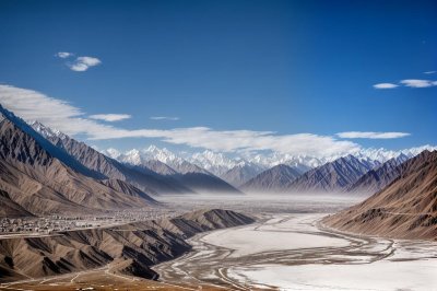 pakistan, gilgit-baltistan, karakoram, indus, mountain landscape, river, clouds, snow, rocks, lake, blue sky, nature, panorama, riverbed, environment, alpine, tourism, mountain range, excursion destination, impressive