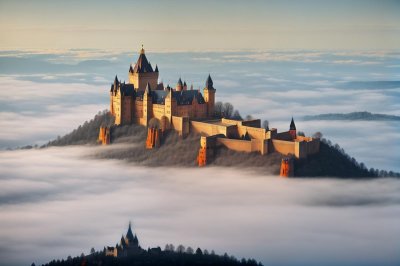 castle, hohenzollern, fog, sun, nature, dawn, landscape, mountains, historic, misty, king, stone, architecture, fortress, tourism, europe, wind, castle on a hill, panorama, castle in fog
