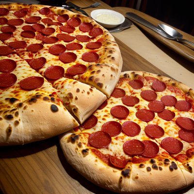 pizza, pepperoni, cheese, pizzeria, food, restaurant, lunch, dinner, slice, fresh, tomato sauce, tasty, crispy, baked, italian, traditional, wooden background, handheld, baking, outdoor meal, herbs, ai generated