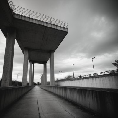 brutalism, concrete, bridge, architecture, perspective, urban, geometric, shadows, modern, minimalist, design, dramatic, structure, bold, strong, infrastructure, pathway, architectural photography, railings, clean design, sky view