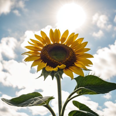 sunflower, heavenly blue, summer flower, green leaves, outdoors, nature, blue sky, summer day, botany, sunflower field, sunny, beauty, flower head, flower photography, plant, detail, clear, peaceful, sunshine, pumpkin family, hope