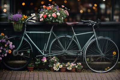 bicycle, flowers, decoration, netherlands, bike parking, blue, turquoise, bike basket, city, card, stationed, sunny, lighting, shadow, street, modern, brick, garden, ornament, touristic