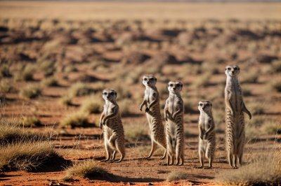 meerkats, savanna, standing, nature, biotope, animals, red earth, stone, day, desert, extreme weather, wildlife, sunny, observing, five, colony, hot, safety, desert landscape