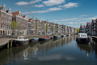 canal, netherlands, houseboat, architecture, landscape, water, grachten, landmark, house, building, river, western europe, outdoor, vacation, holiday, blue sky, tranquility, picturesque, touristic, urban