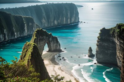 beach, cliff, sea, bali, natural scenery, tourist attraction, nature, island, sunlight, tourism, exotic, bay, landscape, blue, relaxation, kelingking beach, kayaking, asian, adventure, capture