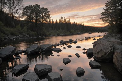 nature, river, rocks, sunset, trees, reflection, calm, summer, orange sky, natural view, calm water, natural beauty, rural, tranquil place, green, afternoon, raging river, wild river, peace