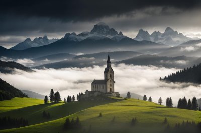 church, mountains, fog, dawn, meadow, mountain meadow, natural beauty, pastoral, green landscape, silk fog, weekend getaway, alpine mountains, countryside, panorama, hiking, landscape, tranquility, enveloping feel, peaceful location, idyll, nature, ai generated
