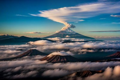 mountain, volcano, cloud, sunset, sunrise, landscape, fog, exploration, nature, panorama, national park, tourist destination, view, crater, bromo, semeru, blue sky, beautiful, indonesia