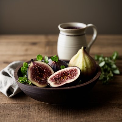 figs, ceramic bowl, fresh herbs, wooden surface, figs on table, still life, luxury vase, metal salt shakers, plant decoration, autumn atmosphere, cultural motifs, luxury food, green color, rustic style, vintage decor, traditional motif, kitchen utensils, luxury kitchen