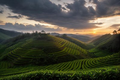 vietnam, tea plantations, nature, sunset, countryside, mountains, travel, hiking, farming, panorama, photo travel, rural landscape, green field, clouds, peaceful, ecotourism, lens flare, wide angle, east asia, calm evening