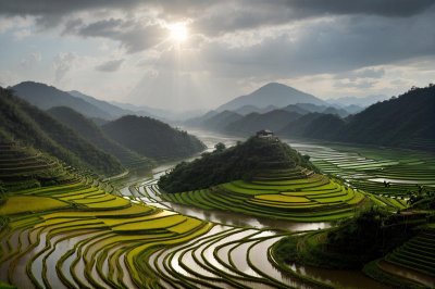 terraces, rice fields, sunlight, vietnam, nature, river, hills, landscape, green, agriculture, mountains, blue sky, asian countryside, sun rays, countryside, green rice, agricultural pole, clear sky, field