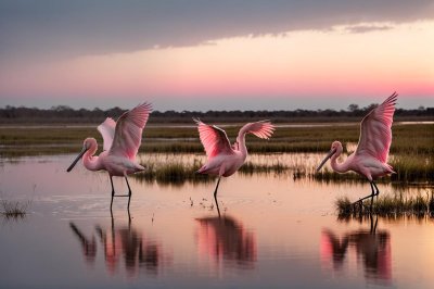 spoonbill, pink, wetlands, reflection, dawn, mist, nature, wildlife, flight, water bird, twilight, serenity, tranquility, sunrise, beauty, scenic, early morning, calm water, natural habitat, wilderness, morning