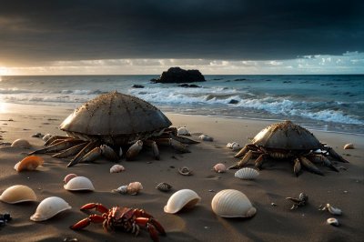 crabs, beach, seafood, fight, natural, sea, sand, shells, sunset, waves, blue, sun, landscape, nature, reef, animals, dramatic lighting, interaction, fauna, environment