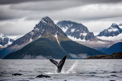 whale, tail, mountain, sea, glacier, ocean, vacation, wilderness, landscape, winter, icy, nature, trekking, scenic, melancholy, freedom, black, blue, cold, sunset