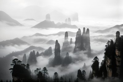 nature, mountains, fog, forest, trees, zhangjiajie, rock formations, national park, china, misty, stones, natural scenery, tourism, tranquility, wilderness, remote, ecology, limestone cliffs, asian landscape