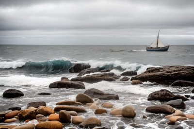 boat, ocean, stones, cold, cloud, foam, wave, landscape, seaside, tourism, vietnam, travel, fishing boat, easy, solitude, nature, summer, humid, coastal, natural
