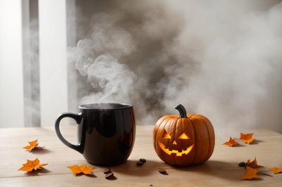 halloween, coffee cup, pumpkin, steam, black mug, autumn, hot drink, nature, home, cozy, seasonal, leaves, pumpkin decor, fall decor, orange, warm drink, november, still life, cafe, warm atmosphere, autumn mood