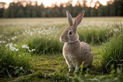 rabbit, meadow, grassy, animal, wild, nature, grass, outdoor, sun, rest, ecology, green, summer, focused, calm, horizon, hopping, mimic