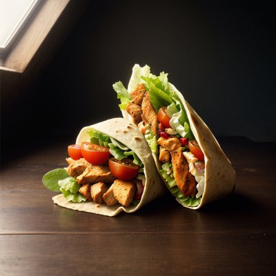 wrap, chicken wrap, crispy chicken, lettuce, tomatoes, tortilla, cheddar cheese, sauce, slate table, blue background, studio shot, delicious, sandwich, fast food, gourmet, flatbread, mayo, fried chicken, grilled wrap, halved