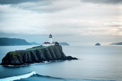 lighthouse, sea, coast, island, mountains, nature, blue sky, sunny, panorama, calm, relaxation, scenery, dawn, morning, landscape, water, quiet, calm sea, distance, summer