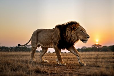 lion, animal, nature, wild, savanna, predator, running, sunset, grass, wildlife, majestic, hunting, dry grass, natural environment, mammal, king of the jungle, mane, grassland
