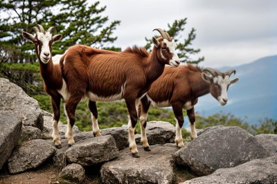 goat, rocks, nature, mammal, wilderness, confrontation, mountains, forest, horns, rubble, pair, rocky, curiosity, animal dynamics, tension, dominance, partnership, rivalry, mountain dwelling