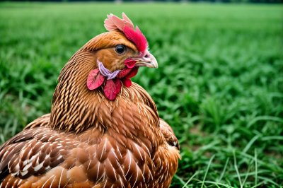 chicken, hen, purple comb, green grass, agriculture, organic farm, feathers, barnyard, nature, village, domestic chicken, ornithology, ecology, yellow color, animal, bird, red comb, intelligent animal, farmyard