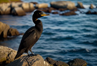 cormorant, bird, coast, sea, wildlife, rocks, water, feathers, sunset, black, wild nature, mountains, skin, nature, large wings, bird species, beak, fishing, focus
