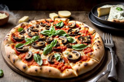 pizza, mushrooms, cheese, basil, tomato sauce, crispy, casual, table, wooden, dish, pizzeria, restaurant, gourmet, baking, vitality, kitchen, pizzas, gastronomy, freshly baked, tasty