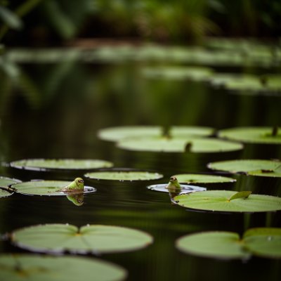 frog, water lily, pond, nature, green, reflection, serenity, wildlife, ecology, wetland, landscape, leaping, sunlight, swampy, feral, motion, edge, natural habitat, resting, aquatic plants — Размытый фон