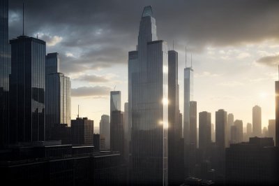 skyscraper, office building, modern architecture, glass facade, cityscape, nature, sunset, reflection, empty street, business district, dawn, commercial, metropolitan, contemporary, light, peaceful, urban, road, golden hour, sunlight, blue sky