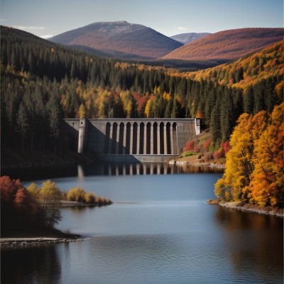 dam, reservoir, lake, nature, autumn, forests, hiking, recreation, architecture, water, autumn colors, landscape, sky, serenity, excursion, open water, balustrade, structure, metal, brick construction