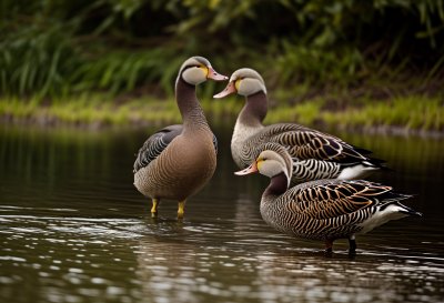 waterfowl, duck, pair, feathers, natural environment, shore, pond, winged, green grass, stone, bird song, colorful nature, fresh greenery, connection, reflection, natural scenery, wildlife, water reflection, white-headed, harmonious