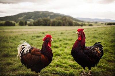 rooster, turkey, grass, landscape, rural, animals, bird, poultry, nature, field, red comb, feathers, friends, companionship, calm, farming, fusion, friendship